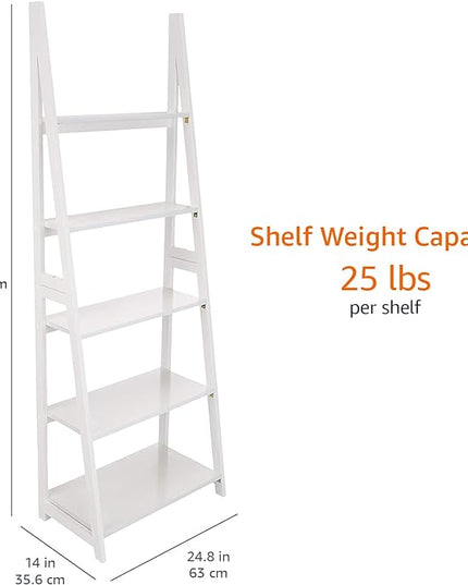 Amazon Basics Modern 5-Tier Ladder Bookshelf Organizer, Solid Rubberwood Frame, White, 14 D x 24.8 W x 70.1 H in - LeafyLoom
