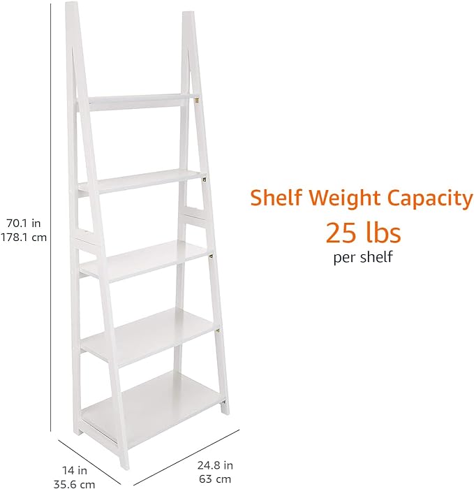 Amazon Basics Modern 5-Tier Ladder Bookshelf Organizer, Solid Rubberwood Frame, White, 14 D x 24.8 W x 70.1 H in - LeafyLoom