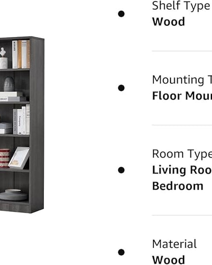 Farini Grey Bookshelf for Bedroom 5 Shelf Office Bookcase 60 Inches Tall Modern Wood Bookshelf for Living Room 5 Tier Wide Manga Bookshelf Library Bookcase - LeafyLoom