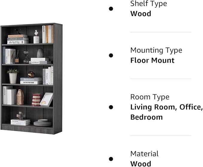 Farini Grey Bookshelf for Bedroom 5 Shelf Office Bookcase 60 Inches Tall Modern Wood Bookshelf for Living Room 5 Tier Wide Manga Bookshelf Library Bookcase - LeafyLoom