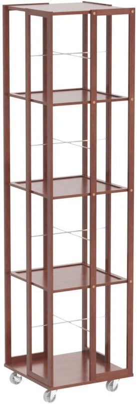 COPREE 5 Tier Rolling Bookcase, Bamboo 360 Rotating Bookshelf, Freestanding Storage Organizer Holder Book Rack with Wheels for Bedroom, Living Room Home and Office - LeafyLoom
