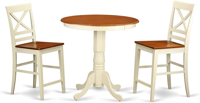 East West Furniture EDQU3-WHI-W Eden 3 Piece Counter Height Set Contains a Round Kitchen Table with Pedestal and 2 Dining Chairs, 30x30 Inch, Buttermilk & Cherry - LeafyLoom