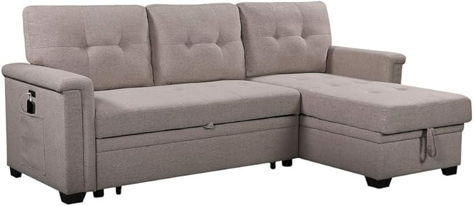 L-Shape Reversible Sectional Sofa w/Storage Chaise, Pull Out Sleeper Bed w/USB Charging Ports and Pocket, Functional Linen Couch for Living Room, Home,Apartment, Dorm, 84inch, Light Gray-1 - LeafyLoom