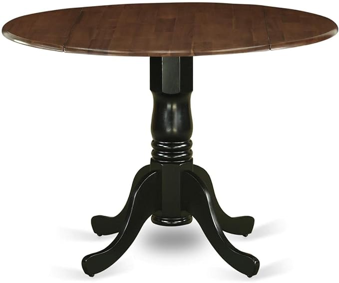 East West Furniture DMT-WBK-TP Dublin Dining Room Table - a Round kitchen Table Top with Dropleaf & Pedestal Base, 42x42 Inch, Walnut & Black - LeafyLoom