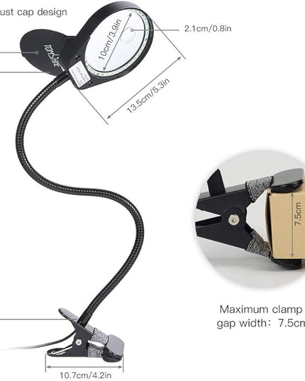 Tom-shine Magnifying Glass Lamp 3X 10X,Stepless Dimmable LED Magnifying Lamp with Dust Cover Metal Clamp,Adjustable LED Magnifier with Light and Stand for Crafts Reading Workbench Close Work - LeafyLoom