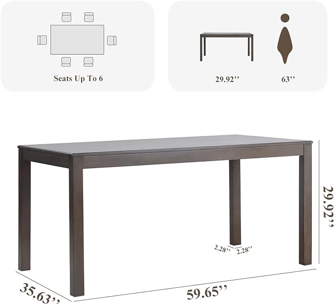 COLAMY Wood Dining Table for 4 6 People, Rectangle Wooden Kitchen Table with Square Legs, Farmhouse Dinner Table for Dining Room, Office, Brown - LeafyLoom