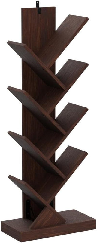 8 Tier Tree Bookshelf, 8 Shelf Open Book Case, Sturdy Tree Bookcase, Narrow Book Organizer Shelves for Bedroom, Living Room, Home Office, Dark Brown, w/Wall Anchor, 15.9"x8.1"x47.6" - LeafyLoom