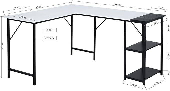 FurnitureR L-Shaped 58.3''Corner Computer Desk with Storage Shelf Long Gaming Desk for Home Office PC Workstation Saving Space Laptop Table (White and Black) - LeafyLoom
