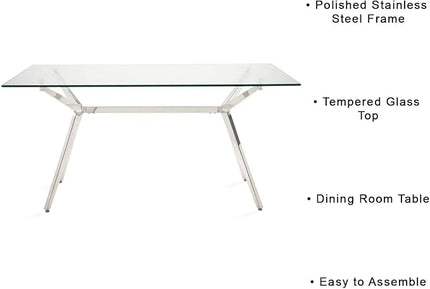 Uptown Club Glass Dining Table with Versatile Rectangular Designs, Tempered Surfaces, and Sturdy Bases for Modern Homes, Seats 4 to 8 People, Elegant Statement Piece, 36" x 63", Silver - LeafyLoom