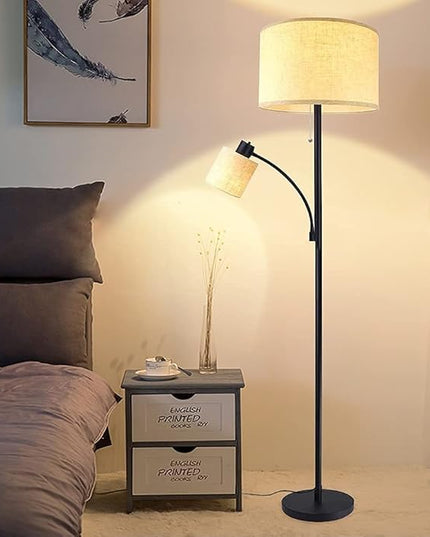 DLLT Living Room Standing Floor Lamps for Reading, Modern Tall Pole Lamp for Contemporary Home with Adjustable Side Light, Mid-Century Industrial Lighting with Drum Shade for Bedroom, Office, Metal - LeafyLoom