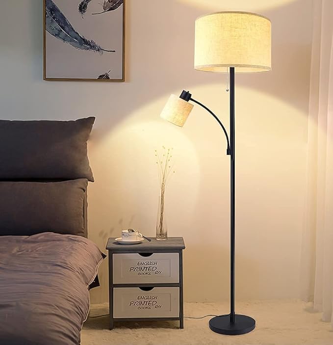 DLLT Living Room Standing Floor Lamps for Reading, Modern Tall Pole Lamp for Contemporary Home with Adjustable Side Light, Mid-Century Industrial Lighting with Drum Shade for Bedroom, Office, Metal - LeafyLoom