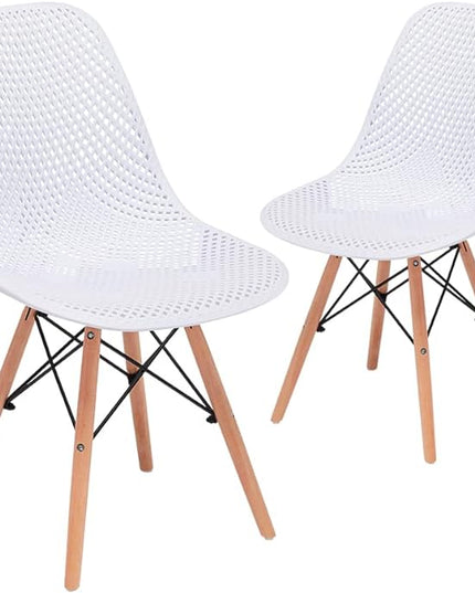 CangLong Dining Mid Century Modern Hollow Back Design Plastic Shell Armless Side Chair with Beech Wood Legs, Set of 2, White 1 - LeafyLoom