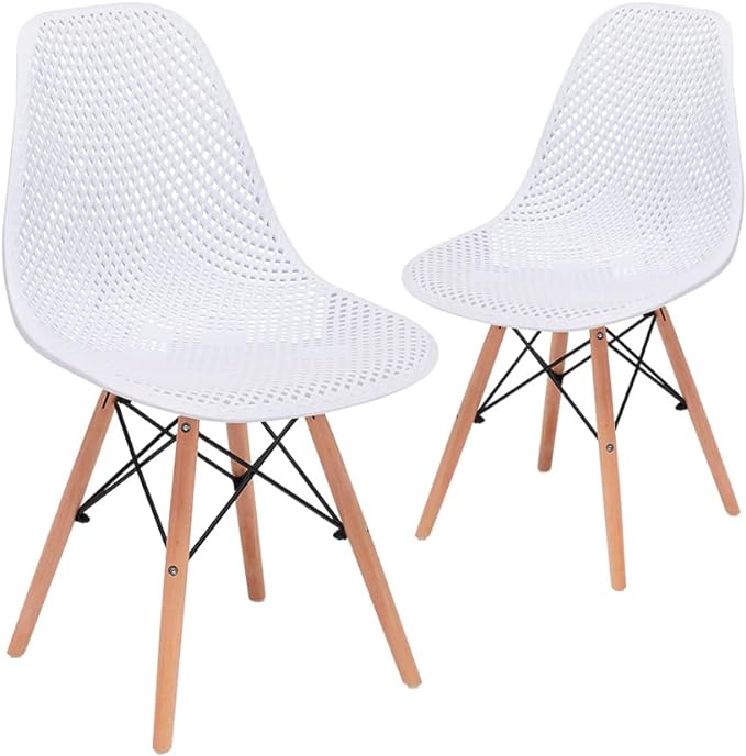 CangLong Dining Mid Century Modern Hollow Back Design Plastic Shell Armless Side Chair with Beech Wood Legs, Set of 2, White 1 - LeafyLoom