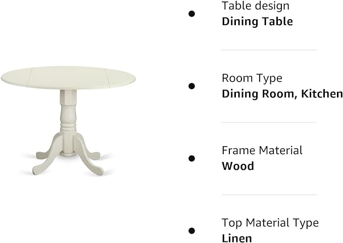 East West Furniture DLT-WHI-TP Dublin Modern Kitchen Table - a Round Dining Table Top with Dropleaf & Pedestal Base, 42x42 Inch, Linen White - LeafyLoom