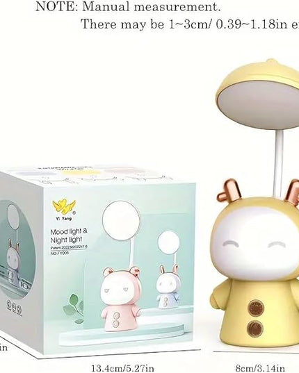 Cute Cartoon Kids Desk Lamp with Night Light - 360° Goose Neck LED Flexible Reading Light for Bedroom - Children Bedside Study Table Lamp (Yellow Fawn) - LeafyLoom