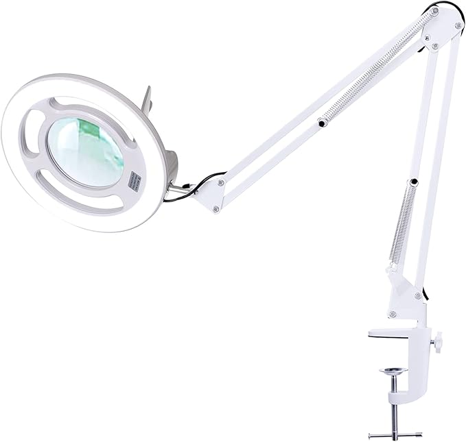 10X Magnifying Glass with Light, KIRKAS 2,200 Lumens LED Magnifying Lamp with Clamp, Stepless Dimmable Real Glass Lens Magnifier, Adjustable Arm Workbench Light for Close Work Hobby Repair - White - LeafyLoom