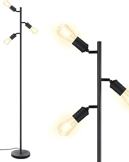 Industrial Floor Lamp, Standing Lamp, Tree Floor Lamp with 3 Adjustable Rotating Lights, E26 Edison Bulb Floor Lamp for Living Room, Bedroom, Home, Office(Bulb not Included) (Black) - LeafyLoom