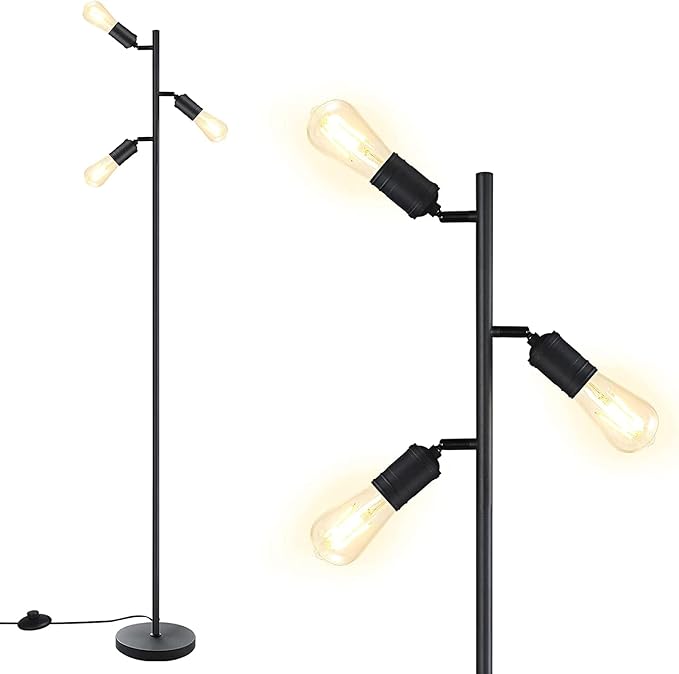 Industrial Floor Lamp, Standing Lamp, Tree Floor Lamp with 3 Adjustable Rotating Lights, E26 Edison Bulb Floor Lamp for Living Room, Bedroom, Home, Office(Bulb not Included) (Black) - LeafyLoom