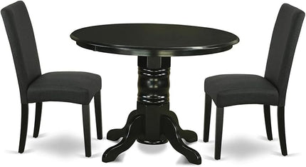 East West Furniture SHDR3-BLK-24 3 Piece Kitchen Table & Chairs Set Contains a Round Dining Table with Pedestal and 2 Black Color Linen Fabric Upholstered Chairs, 42x42 Inch, Black - LeafyLoom