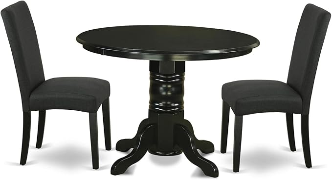 East West Furniture SHDR3-BLK-24 3 Piece Kitchen Table & Chairs Set Contains a Round Dining Table with Pedestal and 2 Black Color Linen Fabric Upholstered Chairs, 42x42 Inch, Black - LeafyLoom