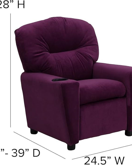 Flash Furniture Chandler Microfiber Kids Recliner with Cup Holder and Safety Recline, Contemporary Reclining Chair for Kids, Supports up to 90 lbs., Purple - LeafyLoom