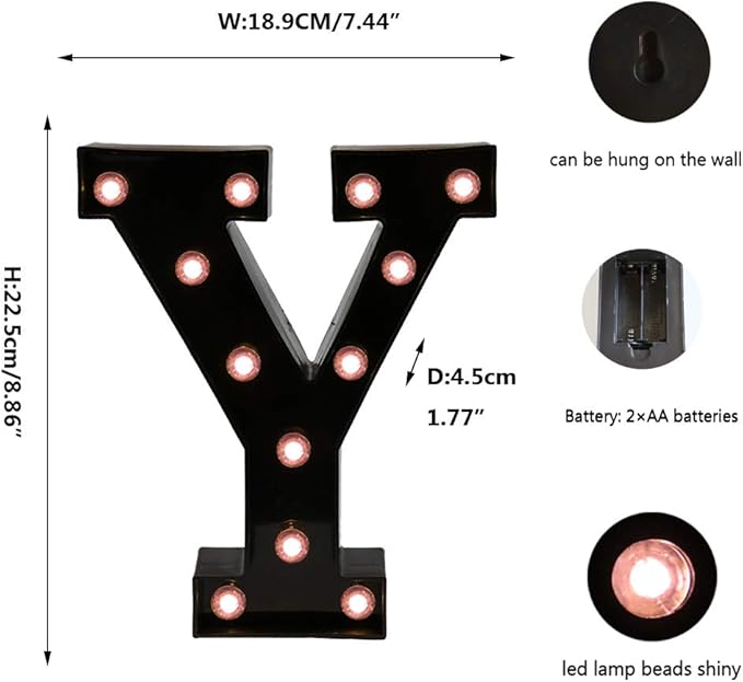 Light Up Black Alphabet Marquee Letters Sign LED Marquee Number Lights Sign for Night Light Home Bar Christmas Lamp Birthday Party Wedding Decorations Y - LeafyLoom