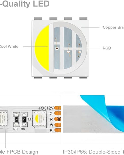 BTF-LIGHTING 5050 RGBW RGB+Cool White(6000K-7000K) 4 Colors in 1 LED Tape Light DC12V 5m 16.4ft 60LED/m Multi-Colored IP65 White 12mm PCB for Bedroom Kitchen Home Decoration(No Adapter or Controller) BTF-LIGHTING