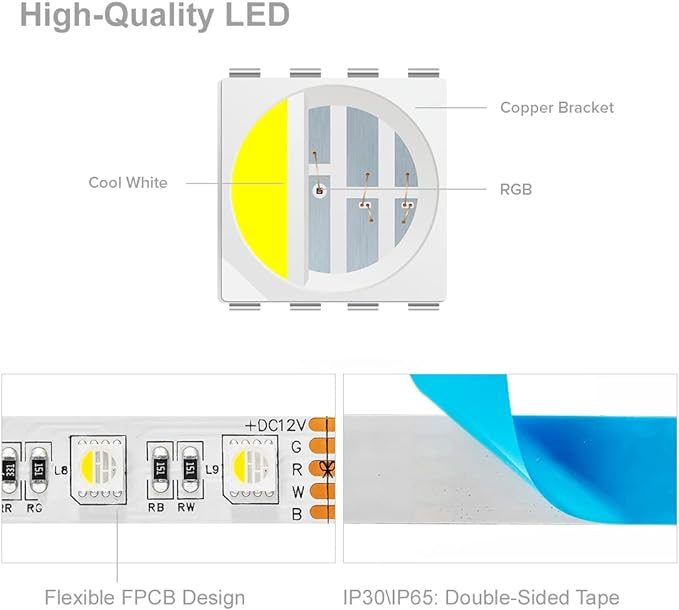BTF-LIGHTING 5050 RGBW RGB+Cool White(6000K-7000K) 4 Colors in 1 LED Tape Light DC12V 5m 16.4ft 60LED/m Multi-Colored IP65 White 12mm PCB for Bedroom Kitchen Home Decoration(No Adapter or Controller) BTF-LIGHTING
