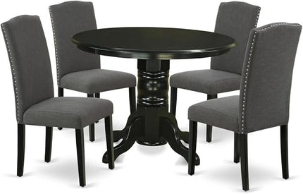 East West Furniture SHEN5-BLK-20 5 Piece Dining Room Set Includes a Round Kitchen Table with Pedestal and 4 Dark Gotham Linen Fabric Upholstered Chairs, 42x42 Inch - LeafyLoom