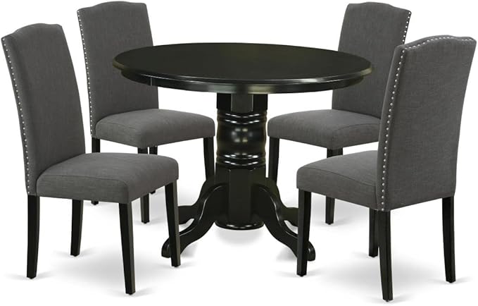 East West Furniture SHEN5-BLK-20 5 Piece Dining Room Set Includes a Round Kitchen Table with Pedestal and 4 Dark Gotham Linen Fabric Upholstered Chairs, 42x42 Inch - LeafyLoom