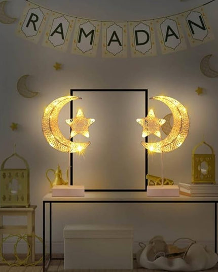 Upgraded Table Lamp for Ramadan Decorations, Battery Operated Warm White Bright LED Star Moon Shape Desk Lamp,Christmas Wedding Party Ramadan Eid Decoration for Home Romantic Table Lamp - LeafyLoom