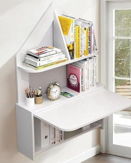Wall Mounted Drop-Leaf Table, Floating Laptop Desk, Folding Table with Shelves, Multifunctional Computer Workstation Storage Compartments in Home Office for Space Saving (White) - LeafyLoom