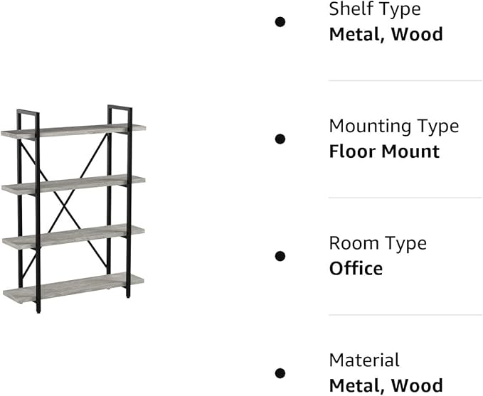 45MinST 4-Tier Vintage Industrial Style Bookcase/Metal and Wood Bookshelf Furniture for Collection, Gray Oak, 3/4/5 Tier (4-Tier) - LeafyLoom