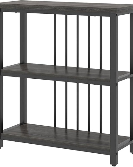 FOLUBAN 3 Tier Book Shelf, Modern Short Bookshelf for Small Space, Industrial Wood and Metal Bookcase for Bedroom, Living Room, Office (Dark Gray Oak) - LeafyLoom