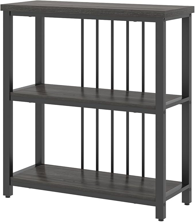FOLUBAN 3 Tier Book Shelf, Modern Short Bookshelf for Small Space, Industrial Wood and Metal Bookcase for Bedroom, Living Room, Office (Dark Gray Oak) - LeafyLoom