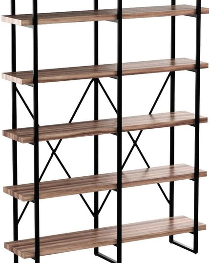 IRONCK Bookshelf, Double Wide 5-Tier Open Bookcase Vintage Industrial Large Shelves, Wood and Metal Etagere Bookshelves, for Home Decor Display, Office Furniture, 13D x 53.1W x 70H in - LeafyLoom