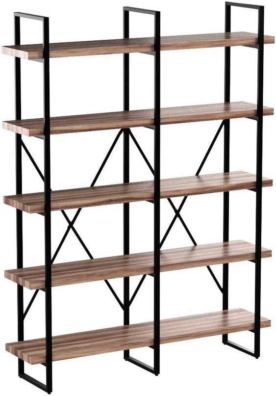 IRONCK Bookshelf, Double Wide 5-Tier Open Bookcase Vintage Industrial Large Shelves, Wood and Metal Etagere Bookshelves, for Home Decor Display, Office Furniture, 13D x 53.1W x 70H in - LeafyLoom
