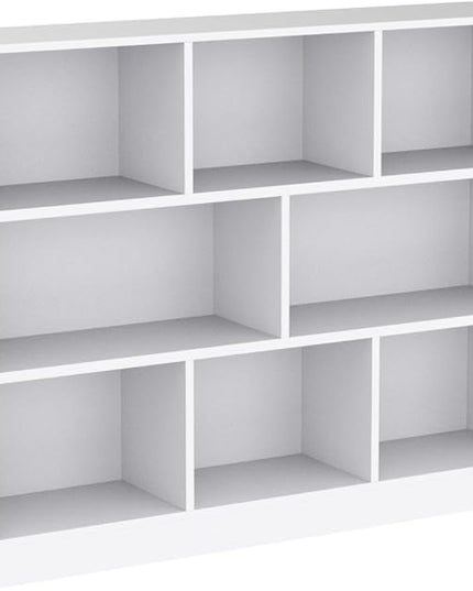 IOTXY Open Shelf Low Bookcase - Wooden 3-Tier Floor Standing Display Cabinet Organizer with Base, 8 Cubes Short Horizontal Bookshelf in Warm White - LeafyLoom