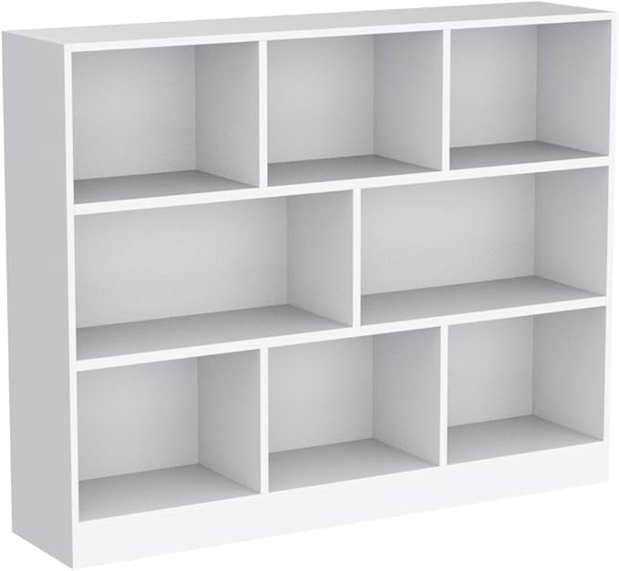 IOTXY Open Shelf Low Bookcase - Wooden 3-Tier Floor Standing Display Cabinet Organizer with Base, 8 Cubes Short Horizontal Bookshelf in Warm White - LeafyLoom