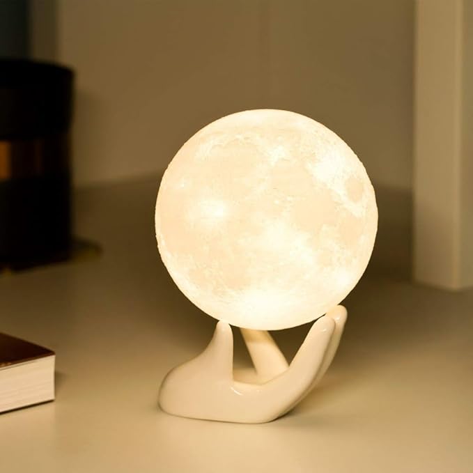 Moon Lamp - Unique Gift - 3D Print 3 Colors (Warn, Cool & Harvest) Lunar Lamp - Rechargeable and Touch Control Brightness (12cm) - LeafyLoom