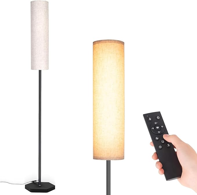 Floor Lamps for Living Room, 12W LED Floor Lamp with Remote Control and 3 Color Temperatures, Reading Lamp, Floor Lamps with Beige Lamp Shade for Bedrooms/Office (Bulb Included) - LeafyLoom