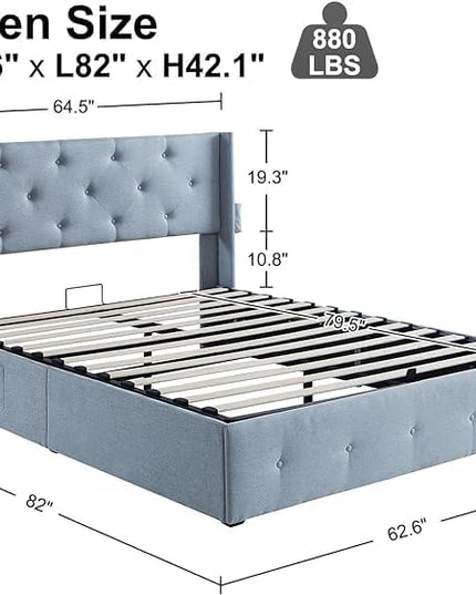 Queen Lift Up Storage Bed Frame, Button Tufted Wingback Headboard with USB Ports,Hydraulic Storage, Wood Slats Support, No Box Spring Needed, Noise-Free - LeafyLoom