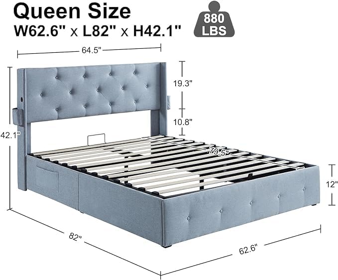 Queen Lift Up Storage Bed Frame, Button Tufted Wingback Headboard with USB Ports,Hydraulic Storage, Wood Slats Support, No Box Spring Needed, Noise-Free - LeafyLoom