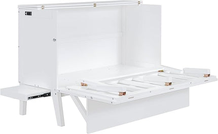 Queen Murphy Bed can be Folded into Low Cabinet with USB Ports, Wooden Platform bedframe with Removable Shelves on Each Side, Space Saving, for Bedroom/Guestroom/Office, White - LeafyLoom