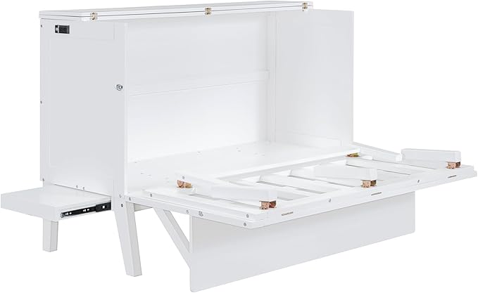Queen Murphy Bed can be Folded into Low Cabinet with USB Ports, Wooden Platform bedframe with Removable Shelves on Each Side, Space Saving, for Bedroom/Guestroom/Office, White - LeafyLoom