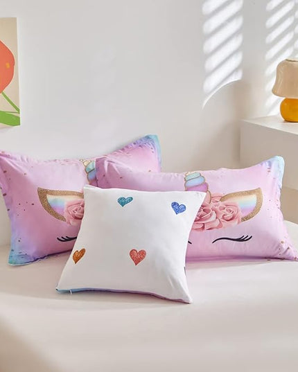 ADASMILE A & S Full Unicorn Comforter Sets for Girls 6 Pieces Pink Floral Unicorn Bedding Set with Colorful Cute Love Heart Sheets Full for Girls Unicorn Bed in a Bag Comforter for Home Decor - LeafyLoom