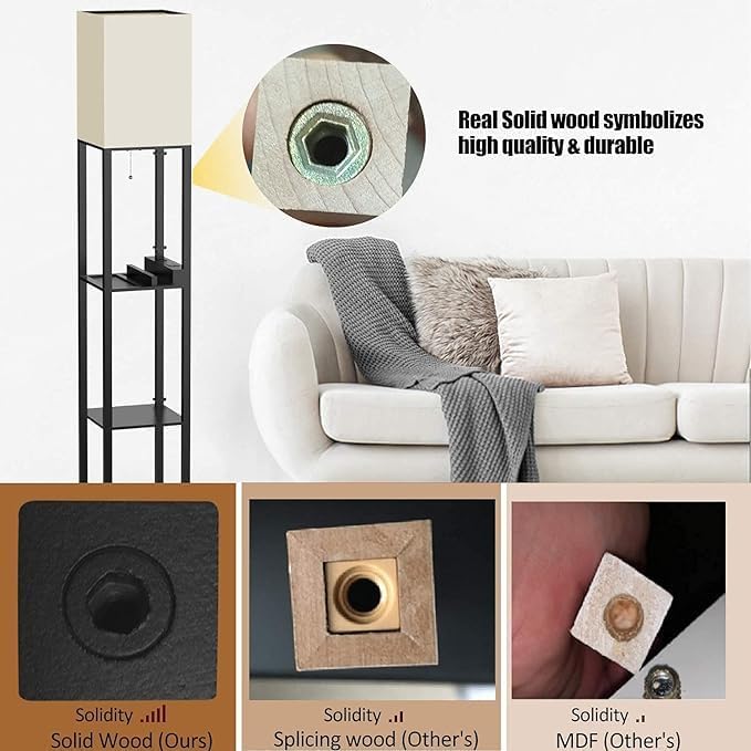 PAZZO Floor lamp with Shelves, Shelf Floor Lamp with Remote Control, Solid Wood with 2 Charging Ports and 1 Power Outlet, 4 Color Temperatures with Intelligence Bulb, Lamps for Livingroom, Bedroom - LeafyLoom