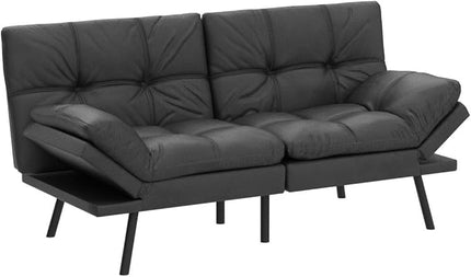 Futon Bed/Couch,Black Faux Leather Memory Foam Small Splitback Convert Backrests&Armrests,Easy to Clean Sofas, 71x33x31.5IN - LeafyLoom