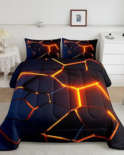 Honeycomb Print Bedding Set Red Black Fire Hexagonal Pattern Comforter Set for Kids Boys Girls Teens Beehive Geometrical Comforter Breathable Simplistic Duvet Set Room Decor Quilt Set King Size - LeafyLoom