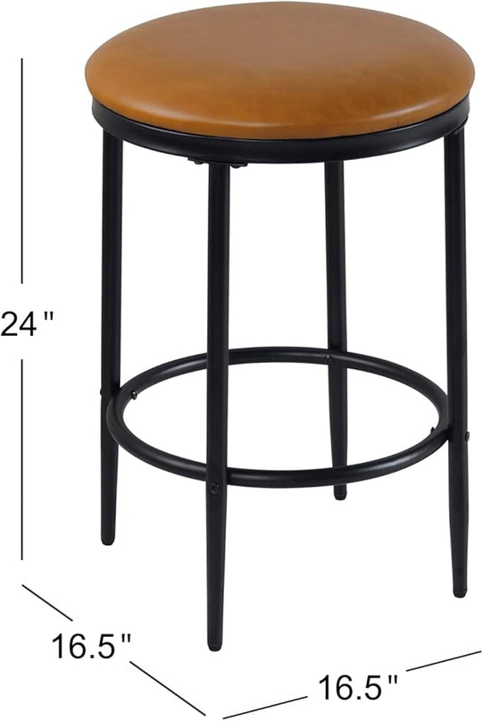 HomePop Upholstered Metal Barstool, Fabric Side Chairs for Dining Room, Kitchen and Living Room - Carmel Brown Faux Leather - LeafyLoom